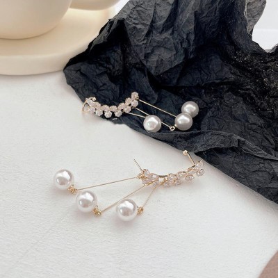 polluxcraft Korean White Pearl Tassels Crystal Studded Ear Cuff Drop Earrings Pearl Alloy Drops & Danglers