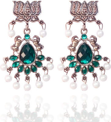 JOYANA Traditional Green Earrings Kundan Pearl Lotus Ethnic Earring Karwachauth Pearl, Crystal Alloy Drops & Danglers