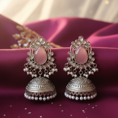 AKINOM Light Pink Oxidized Silver Jhumka Earrings Beads Alloy Jhumki Earring