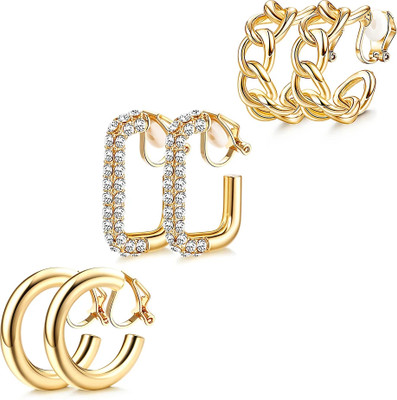 Verilux 3 Pairs Golden Clip On Earrings for Women Minimalist Geometric Loop Cuff Set Alloy Clip-on Earring