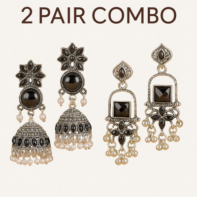 Devik Traders Oxidised Black Stone Jhumka & Dangler Earrings Combo (Pack of 2) Beads Alloy Jhumki Earring