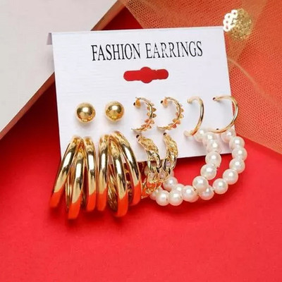 Vembley Combo of 6 Pair Golden Stud And Chain Pearl Triple Hoop Earrings For Women/Girls Pearl Alloy Hoop Earring