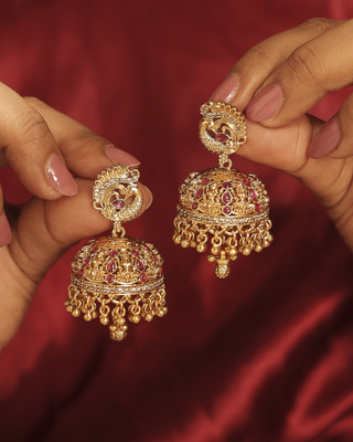 Saloni Fashion Jewellery Peacock Gold Plated Ruby Kundan Stone Small Golden Balls Brass Jhumki Earring Cubic Zirconia Brass Jhumki Earring