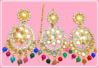 Kunjal Gold Plated American Diamond Studded Maang Tikka & Earrings Jewellery Set White Zircon, Pearl Metal Chandbali Earring