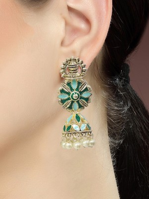 Karatcart Gold Plated Floral Design Green and Light Blue Meena Jhumki Earrings for Women Alloy Jhumki Earring