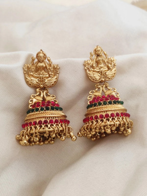 krishna jewel Lakshmi Temple Jhumka Earrings for Women –Gold Plated with Ruby & Emerald Stones Cubic Zirconia Alloy Jhumki Earring