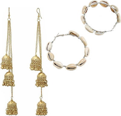 AVR JEWELS Pack of 2 Stylish Sea Shell Hoop and Golden Three Layere Jhumki Alloy Hoop Earring
