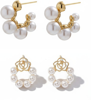 BEAUTYNX Combo Of 2 Elegant Pearl Cluster Earrings & Pearl Rose Hoop Earring Pearl Alloy Stud Earring, Hoop Earring