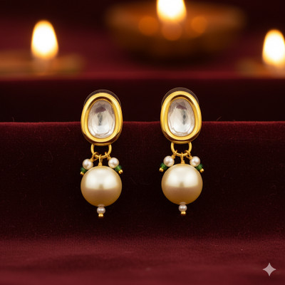 SHI Jewellery Kundan Gold Plated Oval Shape Pearl Drop Stud Earrings for Girls and Women Mother of Pearl Alloy, Brass Plug Earring, Stud Earring