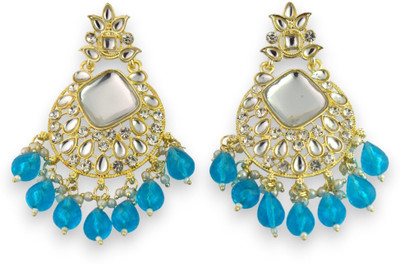 MAHAPATRA ASSOCIATES Kundan Mirror Chandbali Earrings with Blue Beads for Women Stone Drops & Danglers