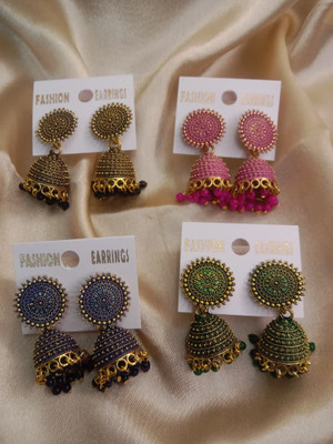 Avoroni Traditional Multi Color Studded Jhumka Earrings for Women & Girls ( Set of 4 ) Brass, Alloy Jhumki Earring