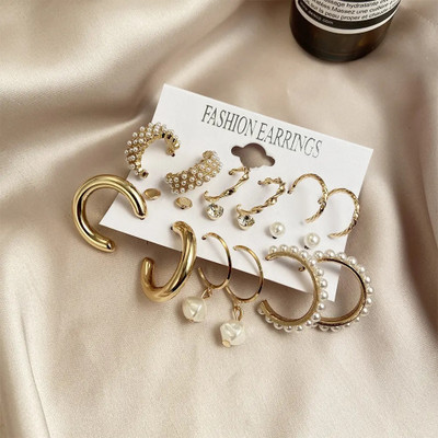 Onuyx Onuyx Korean Combo of 9 Pair Stunning Gold Plated Earrings for Women & Girls Zircon, Pearl Alloy Stud Earring, Hoop Earring, Plug Earring