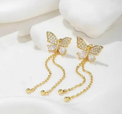 Jassa Korean Gold-Plated Butterfly Shaped CZ AD Drop Earrings For Women & Girls Diamond, Cubic Zirconia Alloy Drops & Danglers