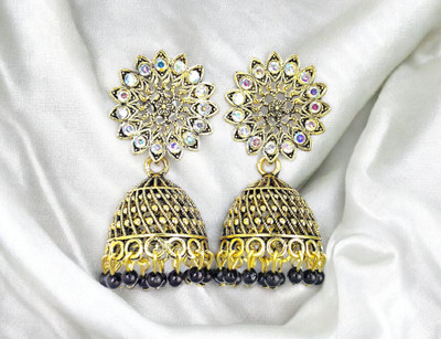 jhumkhas Gold Plated Floral Dome Jhumka Earrings with Black Beads for Women and Girls Crystal Alloy Drops & Danglers