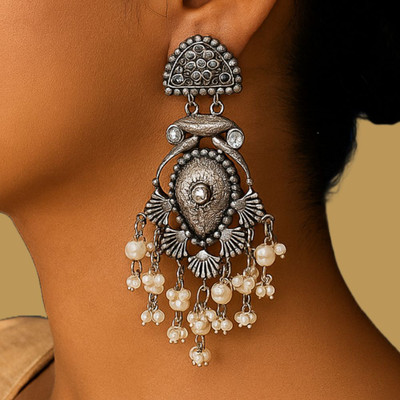 UnfoldSelf Oxidised Designer Pearl Chandbalis Alloy Chandbali Earring
