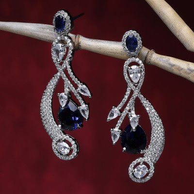 ZENEME Rhodium-Plated Navy Blue American Diamond studded Quirky Shaped Drop Earrings Cubic Zirconia Brass Drops & Danglers