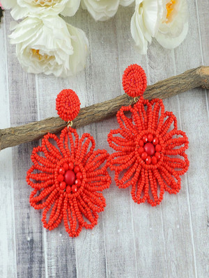 Sangria Red Hot Handcrafted Red Beaded Floral Earrings Alloy Earring Set
