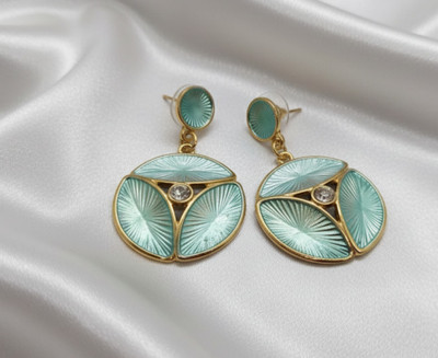 Defashions Korean Style Anti Tarnish Teal & Gold Guilloché Enamel Drop Earrings For Women Stainless Steel Drops & Danglers