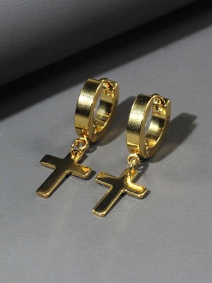 Vipunj Vedansh Enterprises Stylish Gold Plated Cross Earrings Brass Huggie Earring