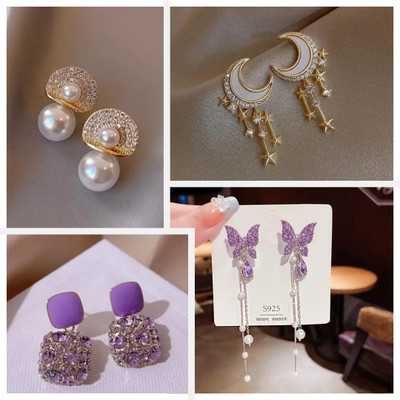 Tiso Korean Earring Combo of four Set 9 Crystal, Pearl Alloy, Brass Cuff Earring, Earring Set, Huggie Earring, Rhinestone Studs, Stud Earring