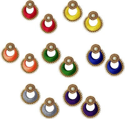 Tia Crafts Rainbow colours handmade silk thread 7 chandbali earrings set Silk Dori Earring Set