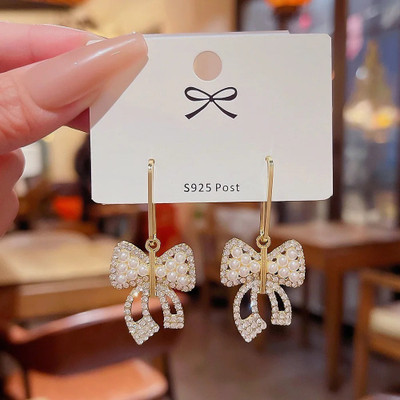 MAHADEV CREATION Charming Korean Bow Pearl Earrings Crystal Alloy Stud Earring
