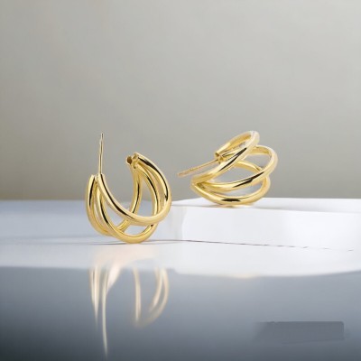 AVR JEWELS Korean Gold-Plated Triple Curved Hoop Earrings Stainless Steel Hoop Earring Alloy Hoop Earring