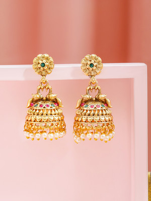 RUBANS 18K Gold-Plated Ruby Pink & Emerald Green Stones Brass Jhumka Earrings Brass Jhumki Earring