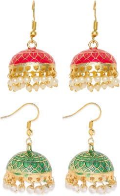 Oomph Combo of 2 Rani Pink & Green Meenakari Enamel Minimal Jhumka Pearl, Mother of Pearl Alloy Jhumki Earring