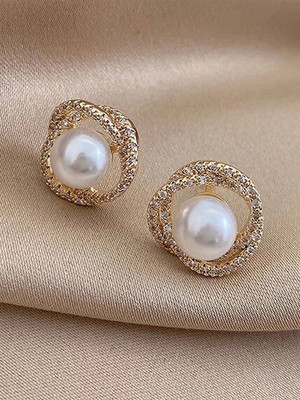 RioDebella Classic Pearl & Crystal Round Stud Earrings Pearl Alloy Stud Earring