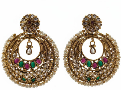ARIRAdesigns Stone studded green and pink chandbali Metal Earring Set