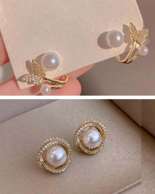 LBTK Combo of 2 Trendy Gold Plated Korean Design Light Weight Earrings Cubic Zirconia, Pearl, Zircon, White Zircon Alloy Stud Earring