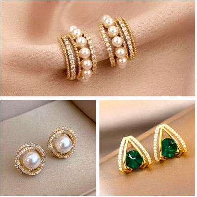 Tiso Pack of 3 Korean Stylish Gold Stone Earrings for Women Girls Light Weight Fancy Crystal, Cubic Zirconia, Pearl Alloy, Brass, Stone Drops & Danglers, Earring Set, Hoop Earring, Rhinestone Studs, Stud Earring