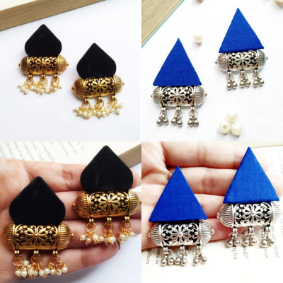 Tanu Women's Handmade Triangle Dholna Blue Ethnic Indo-Western Earrings Pack of 2 Fabric Stud Earring