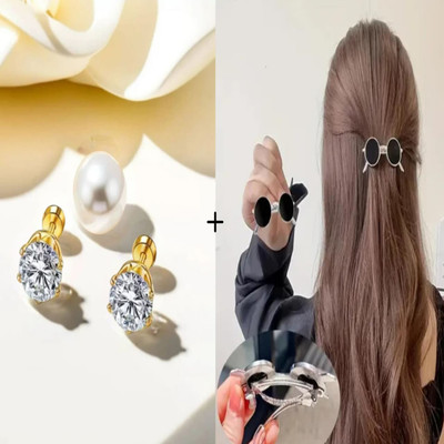 MNT STORE 2 in 1 Combo | Gold Plated Stud Earrings + Black Hair Clip for Women Zircon Alloy Stud Earring