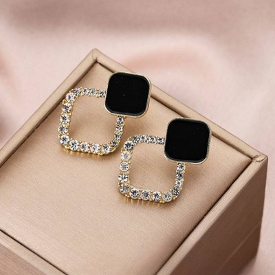 Vayuventure Black & Crystal Geometric Drop Earrings for Women | Party Wear Fashion Jewelry Alloy Stud Earring