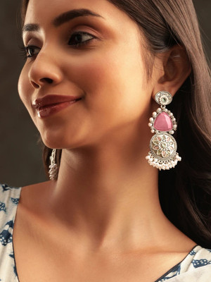 RUBANS Intricate Engravings Oxidised Silver Plated Gemstone & Pearl Dangle Earrings Alloy Drops & Danglers