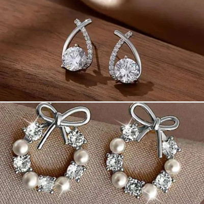 estailo fashion Pearl & Crystal Cross-Bow Studs Earrings Alloy Earring Set