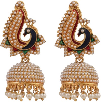 STYYLO FASHION Off-White Peacock Meenakari Pearl Brass Jhumka_SF Pearl Brass Jhumki Earring