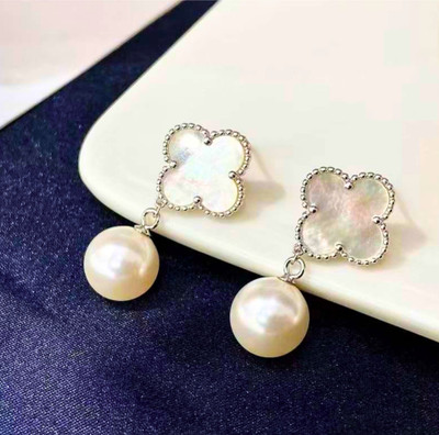 stylewind Pearl Drop Four-Leaf Clover Earring Stainless Steel Stud Earring