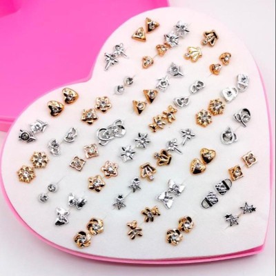DIVINE Combo Set 36 Pairs of Mix Design Studs with Heart Box for Girls, Women(1 Box) Plastic Stud Earring