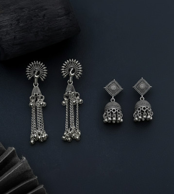 Riavi Collections Grey Finish Square Jhumka and Grey Color Peacock Design with Chain (Combo) Beads Alloy Jhumki Earring