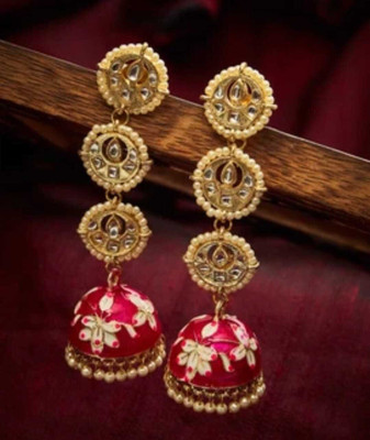 SNAPCHOICE Aarohi Red Floral Meenakari Kundan Jhumka Earrings Brass Jhumki Earring
