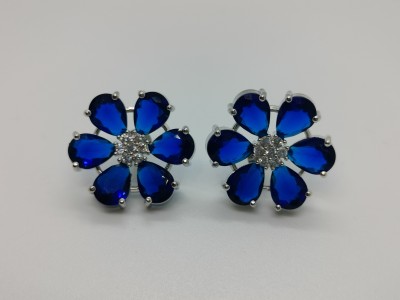 GRSMGlobalTrade AD American Diamond Flower-Shaped Earrings Ear Blue Stud Diamond Brass Stud Earring