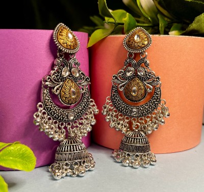 P N JEWELS “Antique Gold and Silver Oxidized Statement Earrings with Floral Design” Alloy Huggie Earring, Jhumki Earring, Chandbali Earring, Drops & Danglers