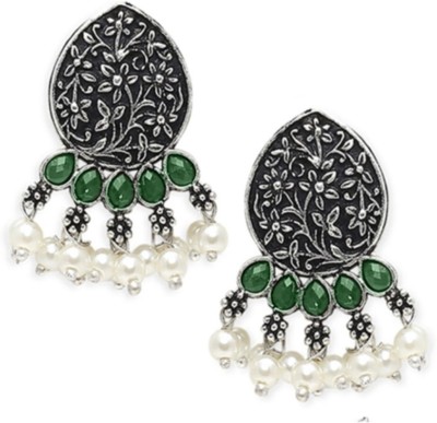 Oomph Oxidised Silver Small Ethnic Drop Earrings - Leaf Design - Green Red Stones - Beads, Crystal Alloy Drops & Danglers