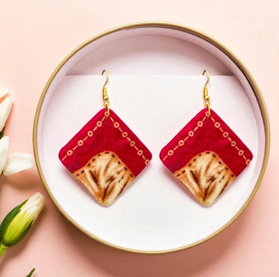 Smyra Official Stylish Handmade Fabric Red Dangler Earrings - 4cm Wood Drops & Danglers