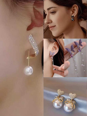 RISHASTYLE KOREAN WEASTERN EA 4 PAIRS White Zircon, Zircon Alloy, Brass, Mother of Pearl Drops & Danglers