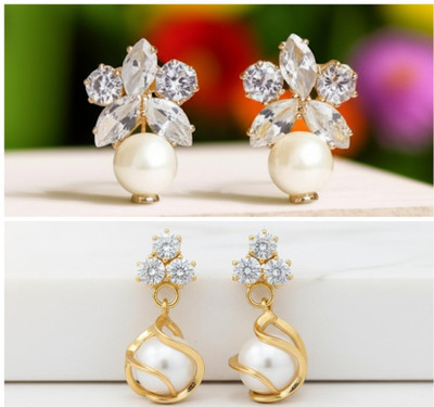 Sabita fashion Pack of 2 Trendy western korean pearl stud earrings 4women/girl.cubic zirconia Alloy Stud Earring, Drops & Danglers
