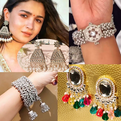 ISLANA combo of 4 Oxidised jhumki Earrings and opanebal bracelet for women and girls Alloy Chandbali Earring